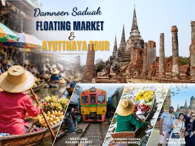 Collage mit schwimmendem Markt, Zug und antiken Tempelruinen mit eingeblendetem Tour-Text